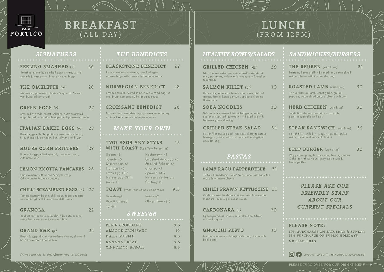 The cafe’s printed menu card photographed: printed food menu — breakfast and lunch. transcribed in section 6