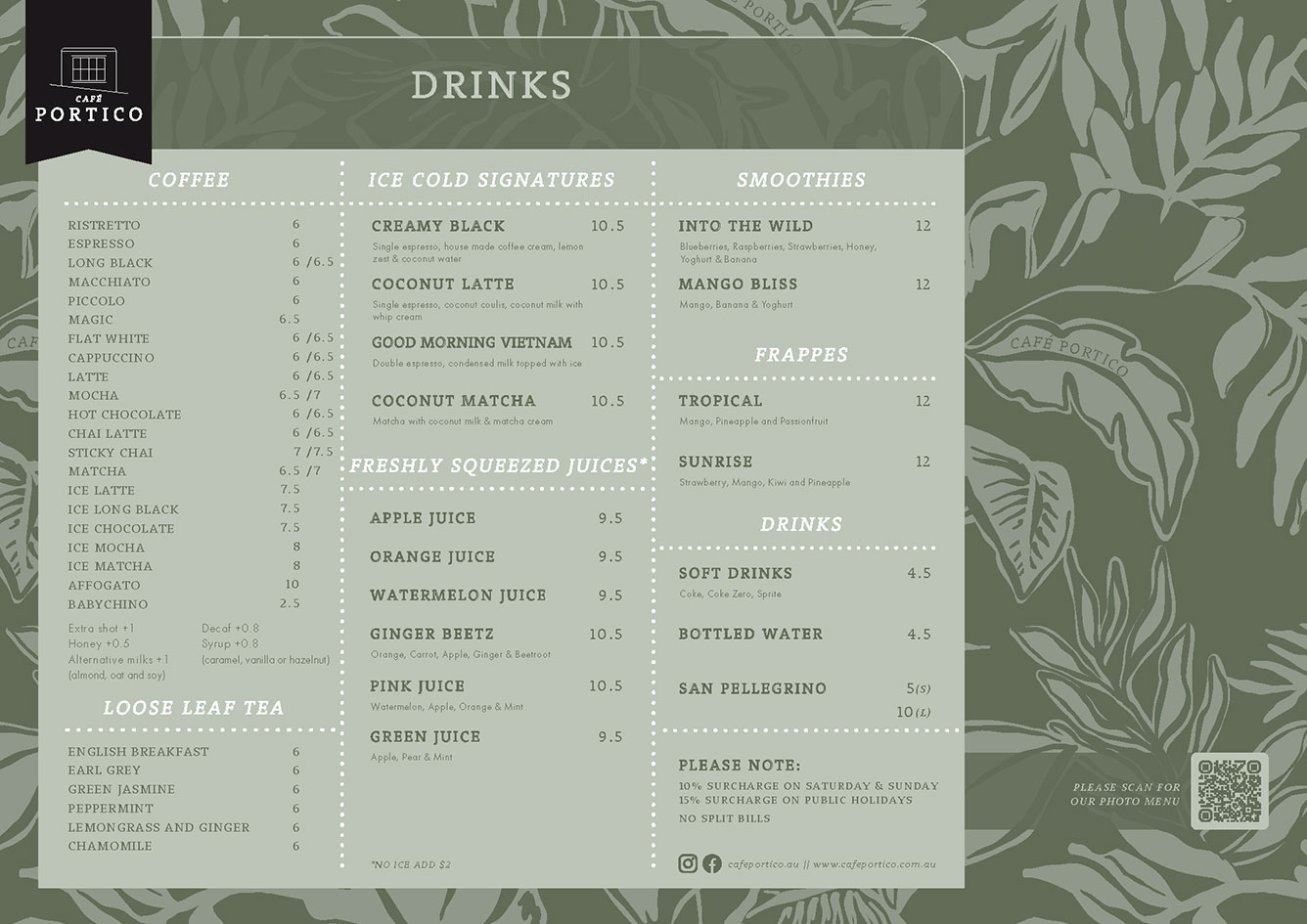 The cafe’s printed menu card photographed: printed drinks menu. transcribed in section 7