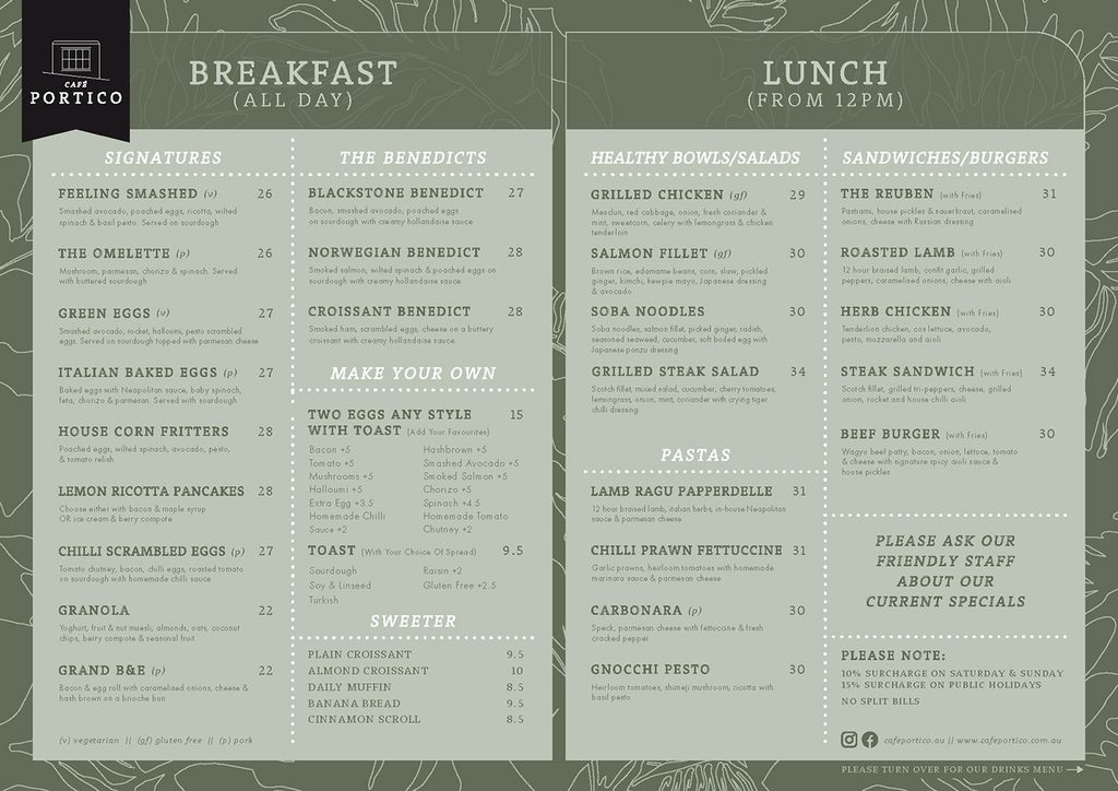 Café Portico's printed food menu, photographed